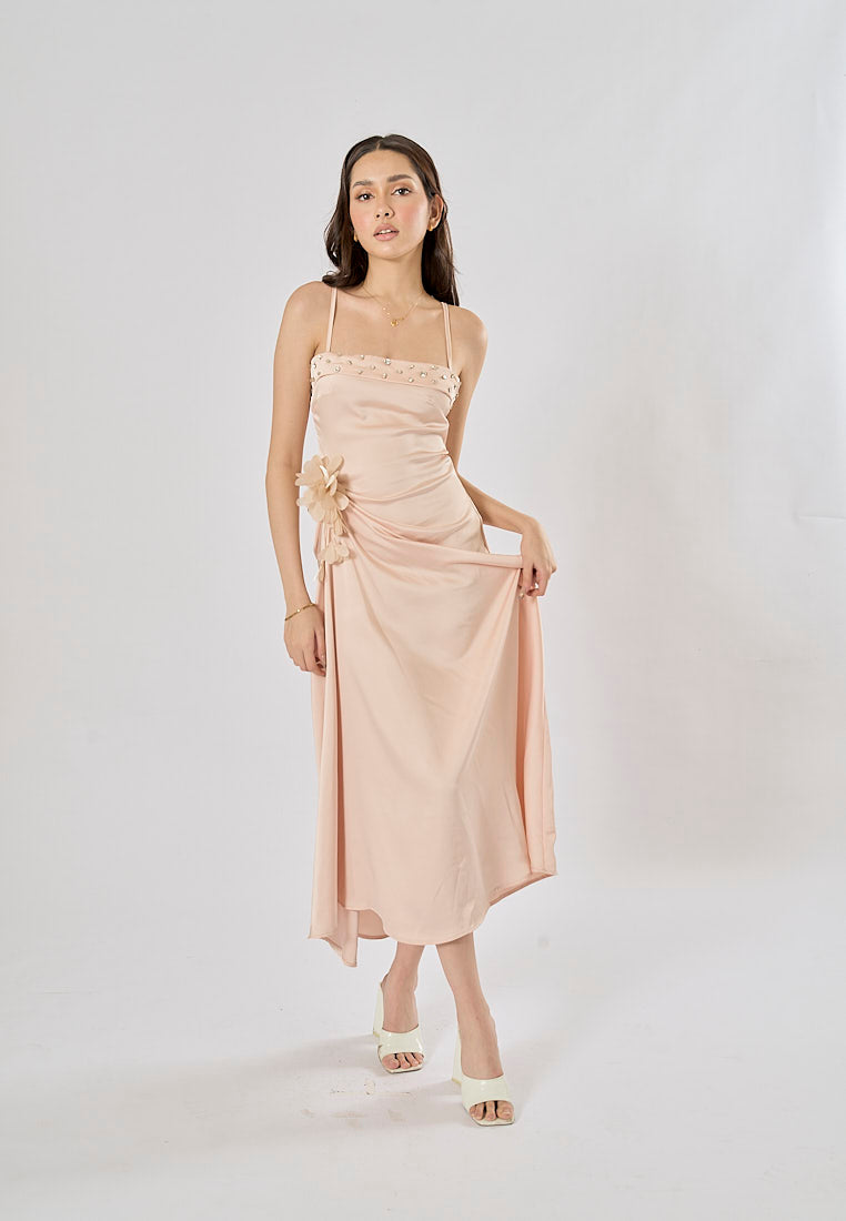 Imogen Light Pink Sleveless Satin Flower and Rhinestone Midi Dress