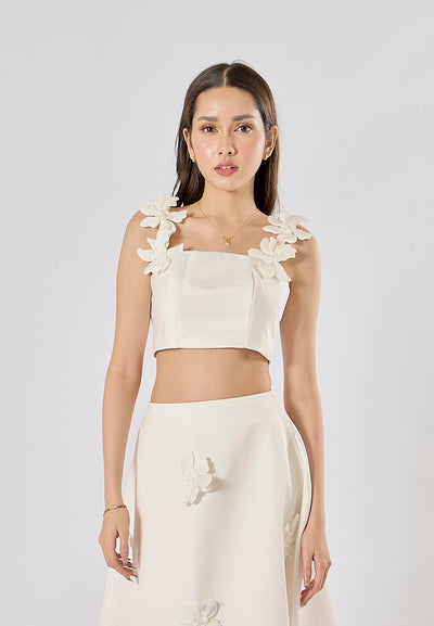 Sonnet White Sleeveless Crop Top WIth Applique Flower Midi Skirt Set