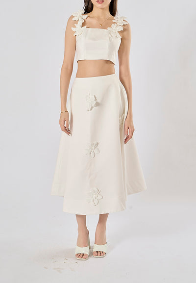 Sonnet White Sleeveless Crop Top WIth Applique Flower Midi Skirt Set