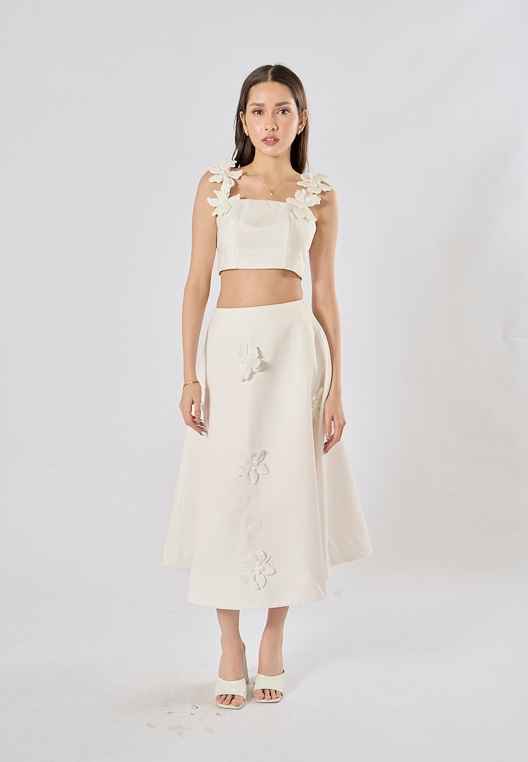 Sonnet White Sleeveless Crop Top WIth Applique Flower Midi Skirt Set