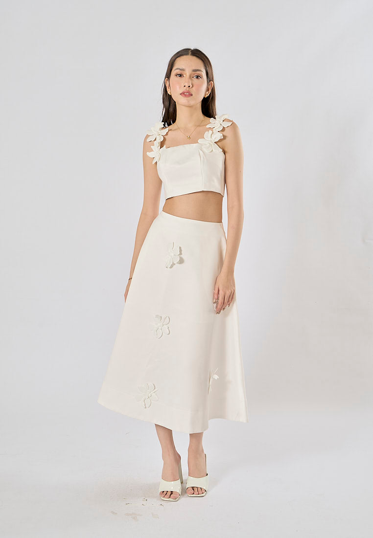 Sonnet White Sleeveless Crop Top WIth Applique Flower Midi Skirt Set