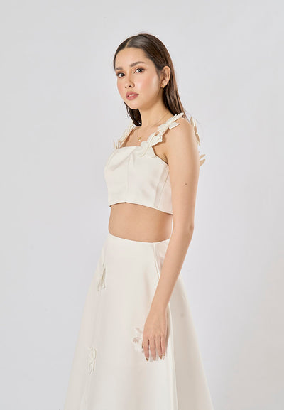 Sonnet White Sleeveless Crop Top WIth Applique Flower Midi Skirt Set