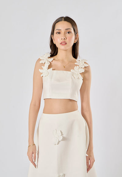 Sonnet White Sleeveless Crop Top WIth Applique Flower Midi Skirt Set