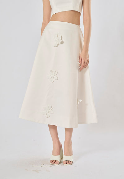 Sonnet White Sleeveless Crop Top WIth Applique Flower Midi Skirt Set