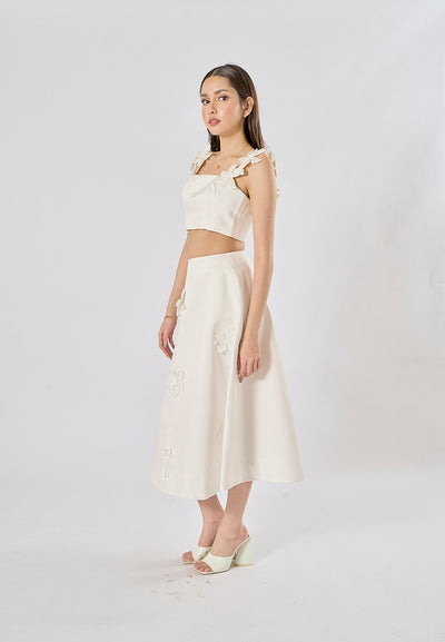 Sonnet White Sleeveless Crop Top WIth Applique Flower Midi Skirt Set