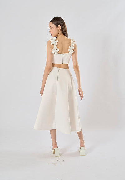 Sonnet White Sleeveless Crop Top WIth Applique Flower Midi Skirt Set