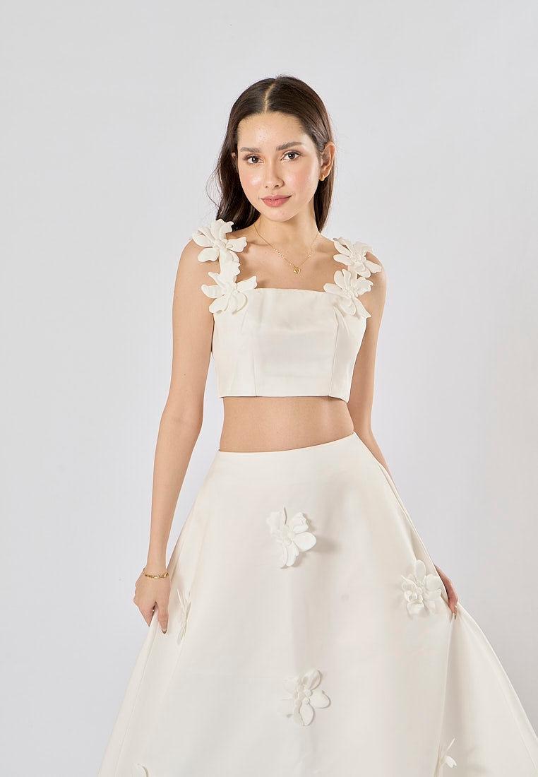 Sonnet White Sleeveless Crop Top WIth Applique Flower Midi Skirt Set