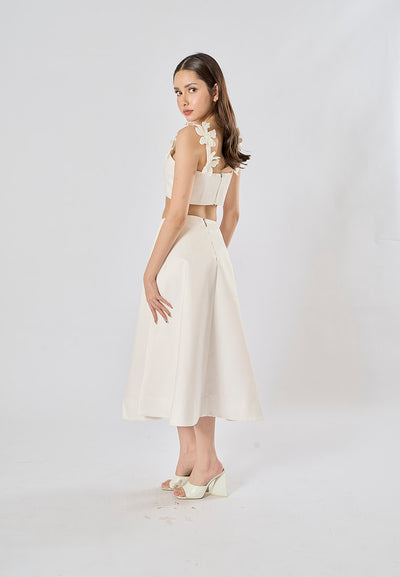 Sonnet White Sleeveless Crop Top WIth Applique Flower Midi Skirt Set