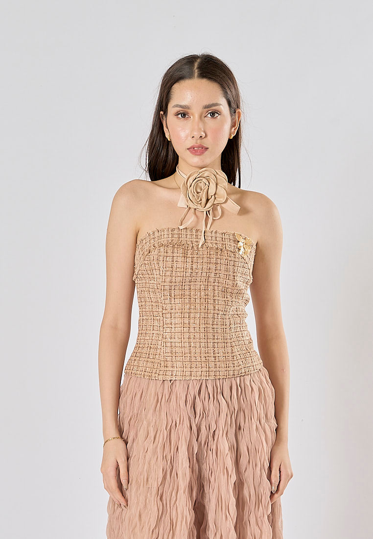 Kimika Brown Tweed Tube Top With Detachable Flower Choker And Raffles Maxi Skirt Set