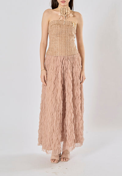 Kimika Brown Tweed Tube Top With Detachable Flower Choker And Raffles Maxi Skirt Set