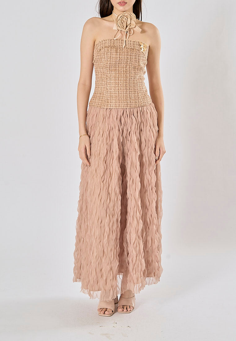 Kimika Brown Tweed Tube Top With Detachable Flower Choker And Raffles Maxi Skirt Set