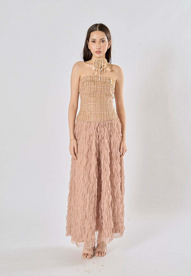 Kimika Brown Tweed Tube Top With Detachable Flower Choker And Raffles Maxi Skirt Set