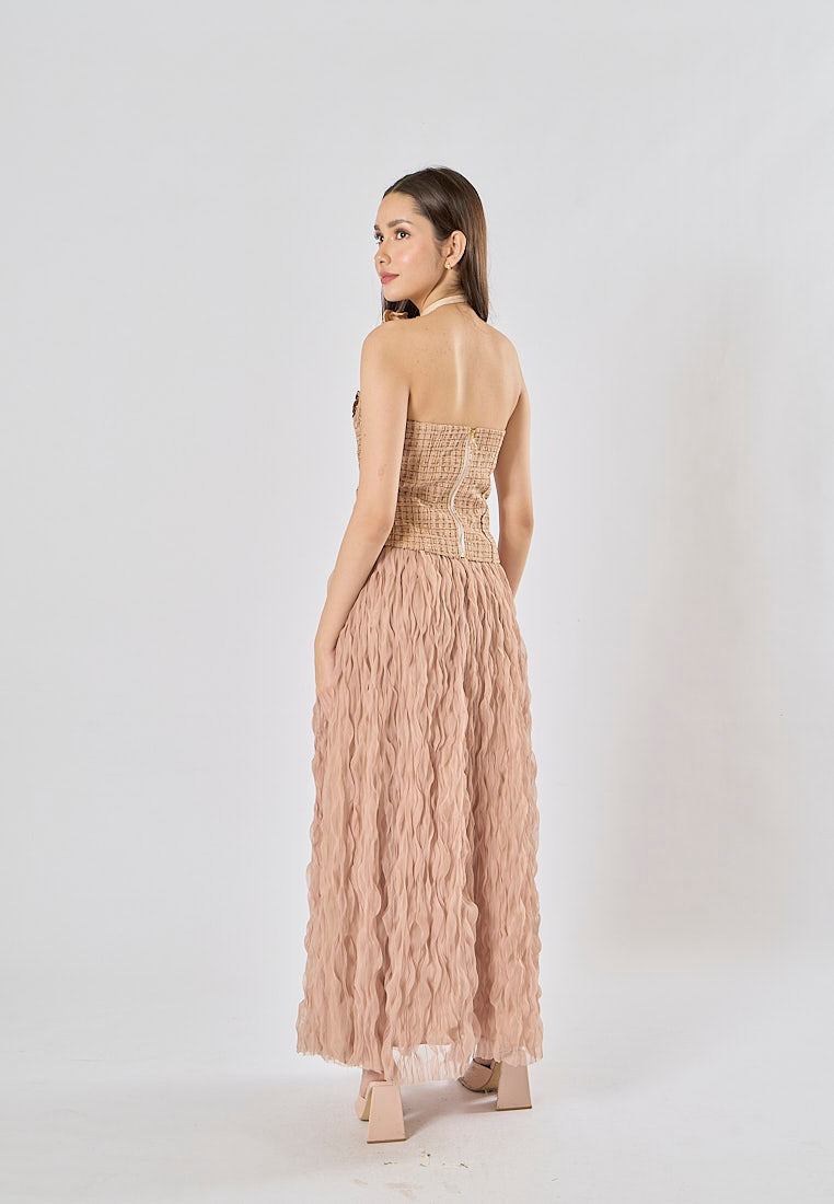 Kimika Brown Tweed Tube Top With Detachable Flower Choker And Raffles Maxi Skirt Set