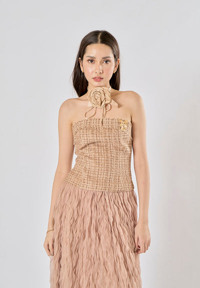 Kimika Brown Tweed Tube Top With Detachable Flower Choker And Raffles Maxi Skirt Set