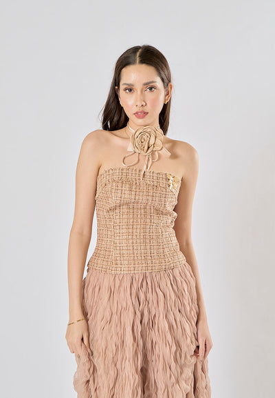 Kimika Brown Tweed Tube Top With Detachable Flower Choker And Raffles Maxi Skirt Set