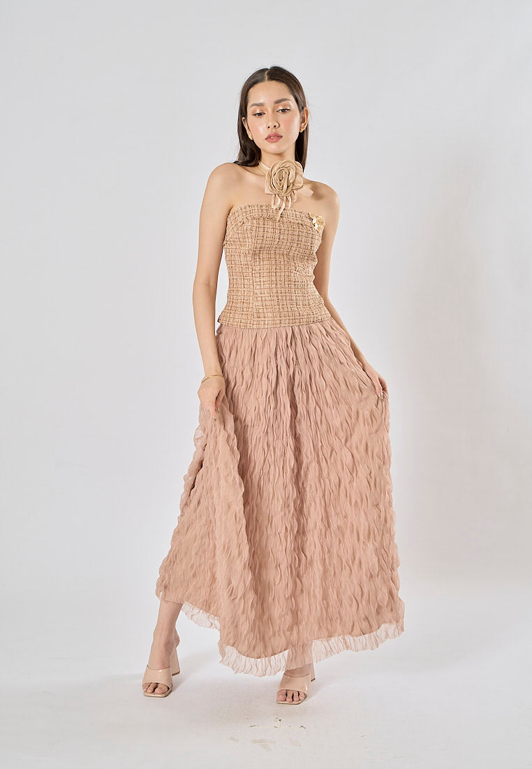 Kimika Brown Tweed Tube Top With Detachable Flower Choker And Raffles Maxi Skirt Set