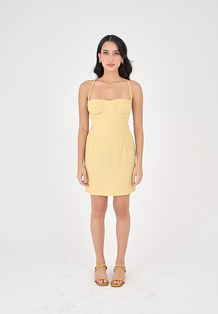 Qiana Butter Yellow Bustier With Thin Strap and Back Strapy Detail Mini Dress