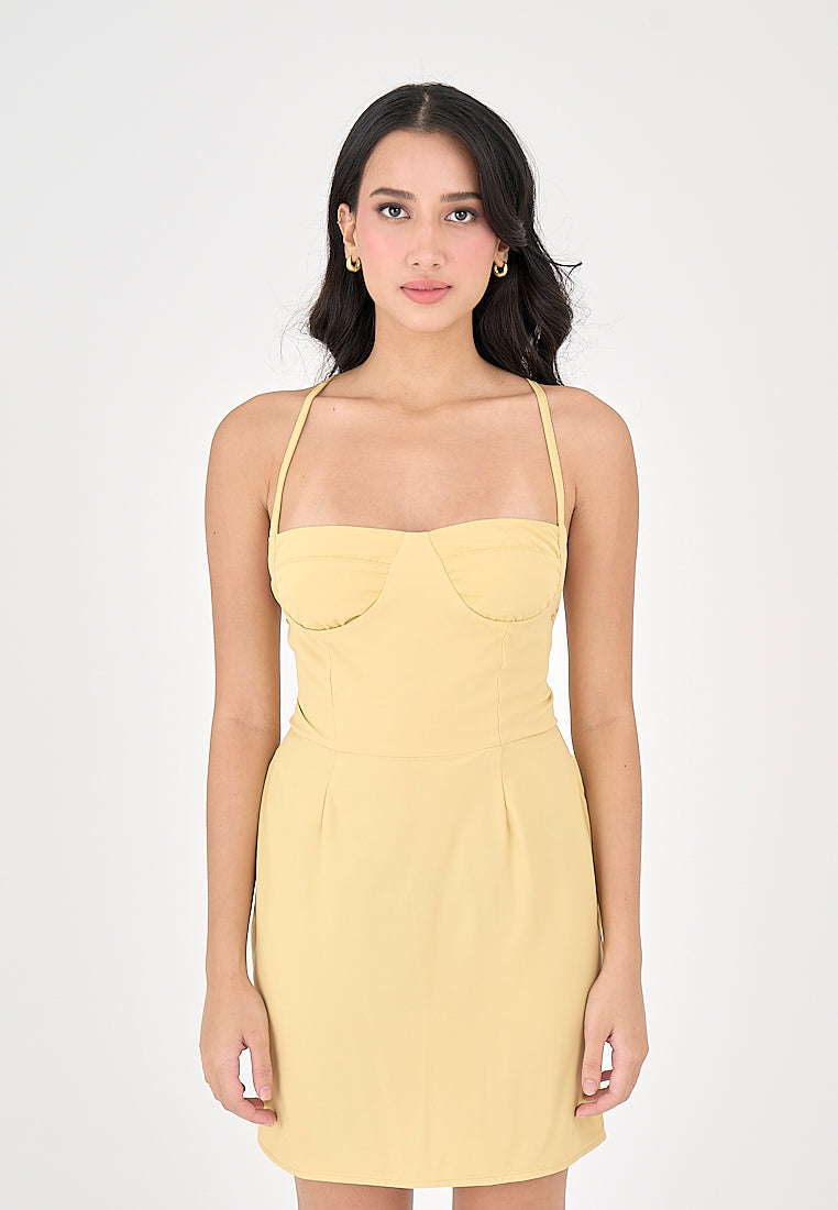 Qiana Butter Yellow Bustier With Thin Strap and Back Strapy Detail Mini Dress