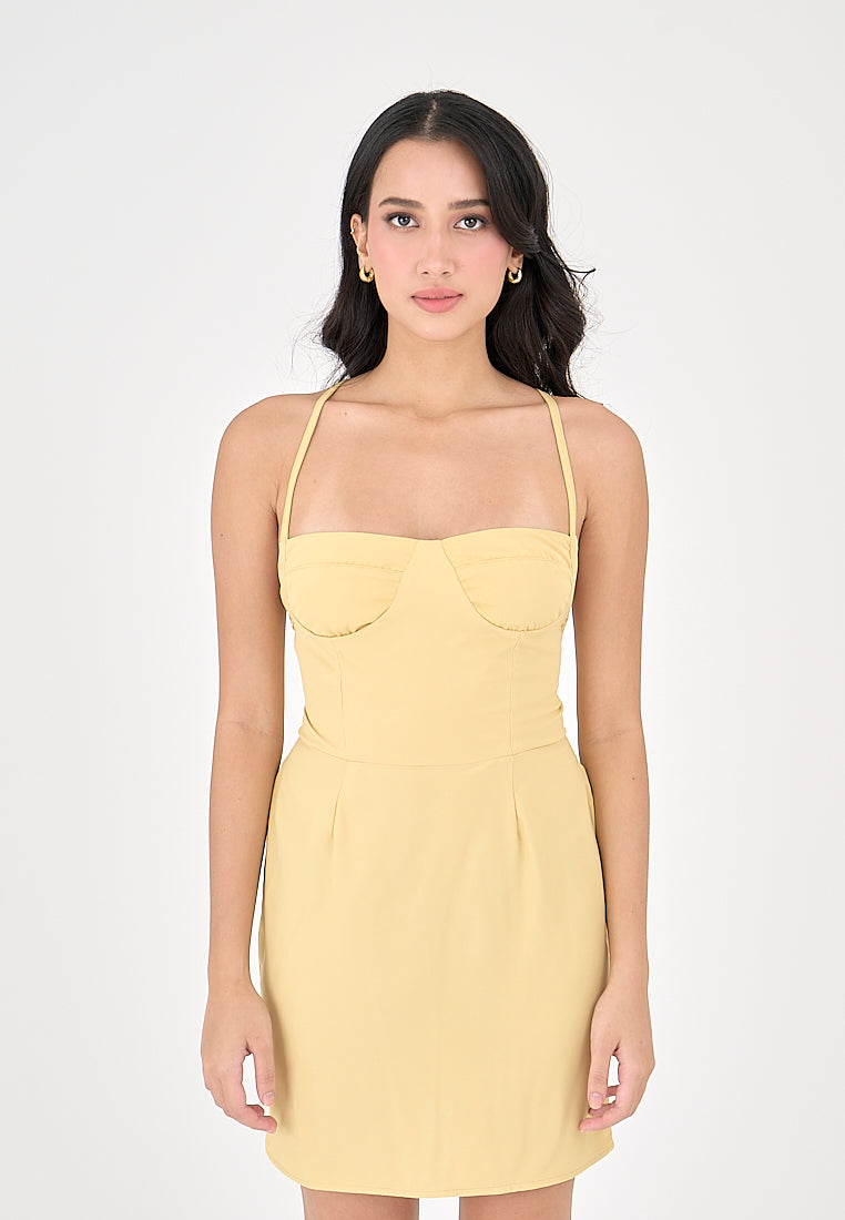 Qiana Butter Yellow Bustier With Thin Strap and Back Strapy Detail Mini Dress