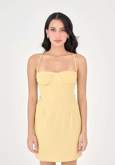 Qiana Butter Yellow Bustier With Thin Strap and Back Strapy Detail Mini Dress