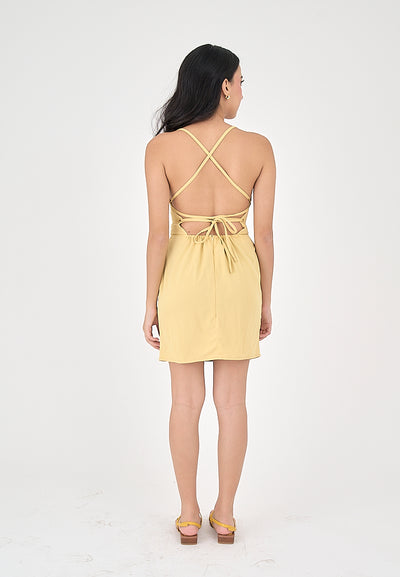 Qiana Butter Yellow Bustier With Thin Strap and Back Strapy Detail Mini Dress