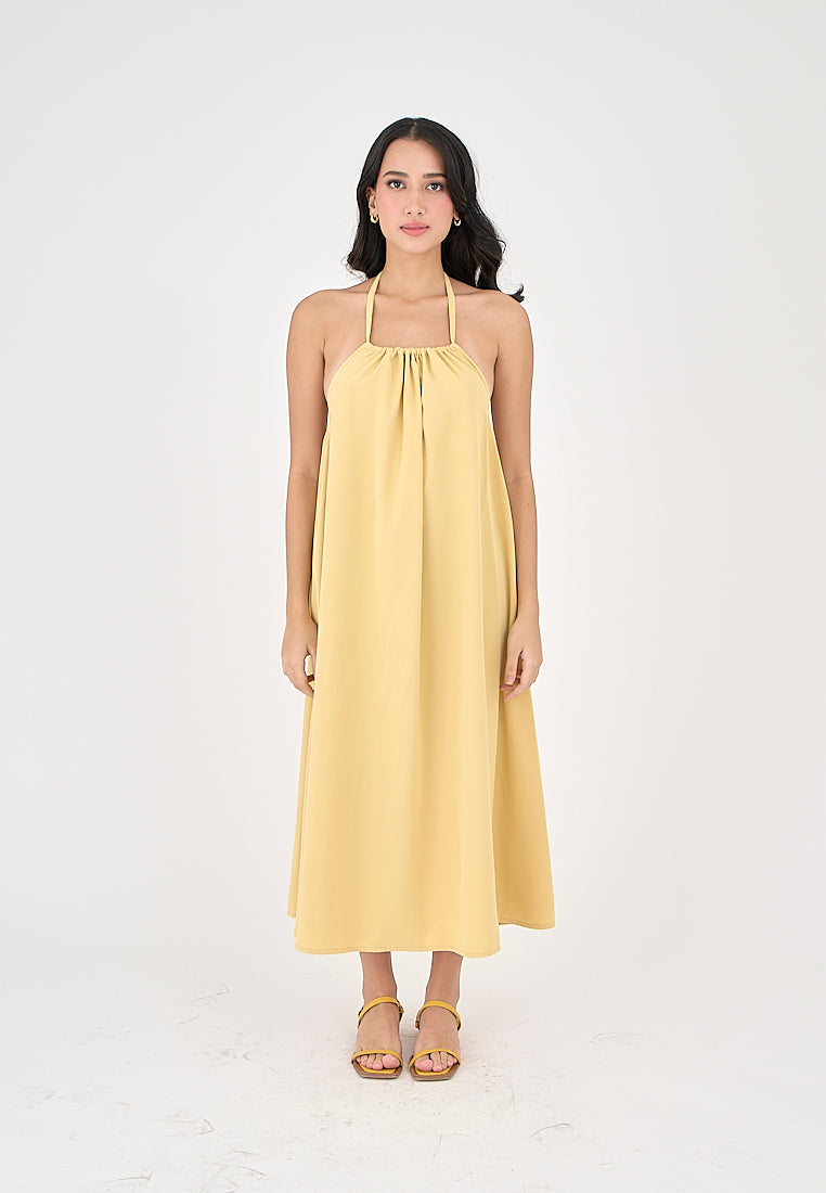 Xoliven Butter Yellow with Halter Neckline Maxi Tent Dress