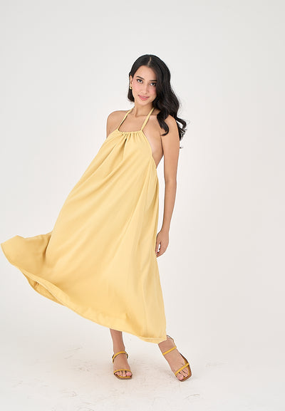 Xoliven Butter Yellow with Halter Neckline Maxi Tent Dress