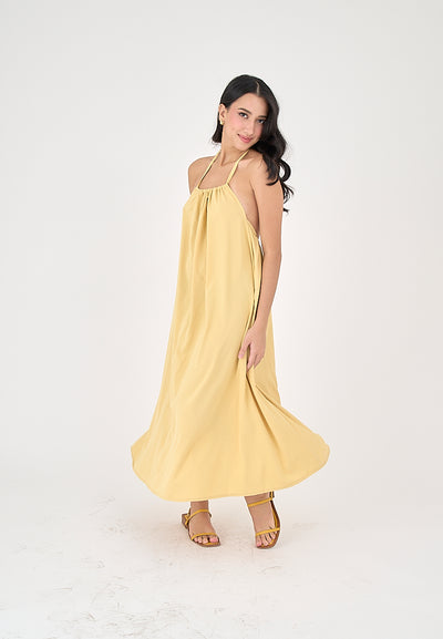 Xoliven Butter Yellow with Halter Neckline Maxi Tent Dress