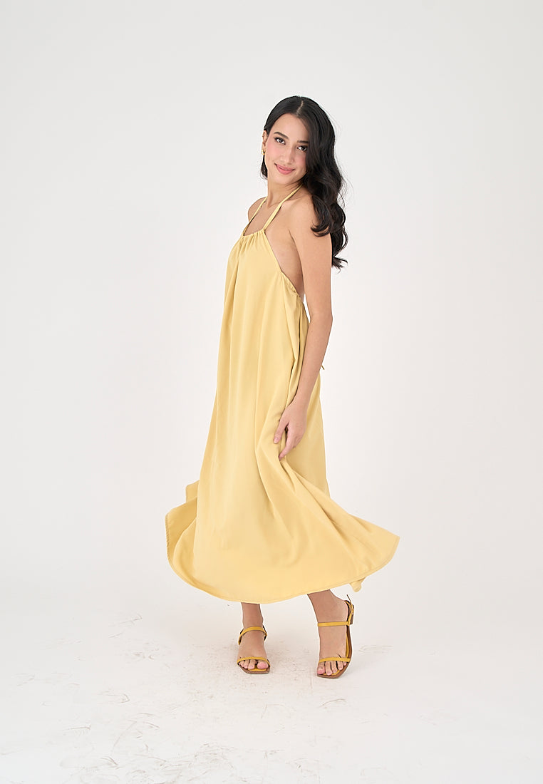 Xoliven Butter Yellow with Halter Neckline Maxi Tent Dress