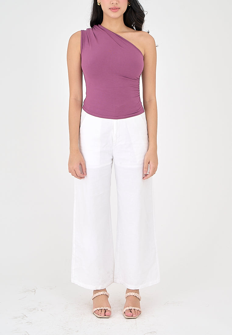 Henn Purple Asymmetric Neckline Ruch Sides Sleeveless Top