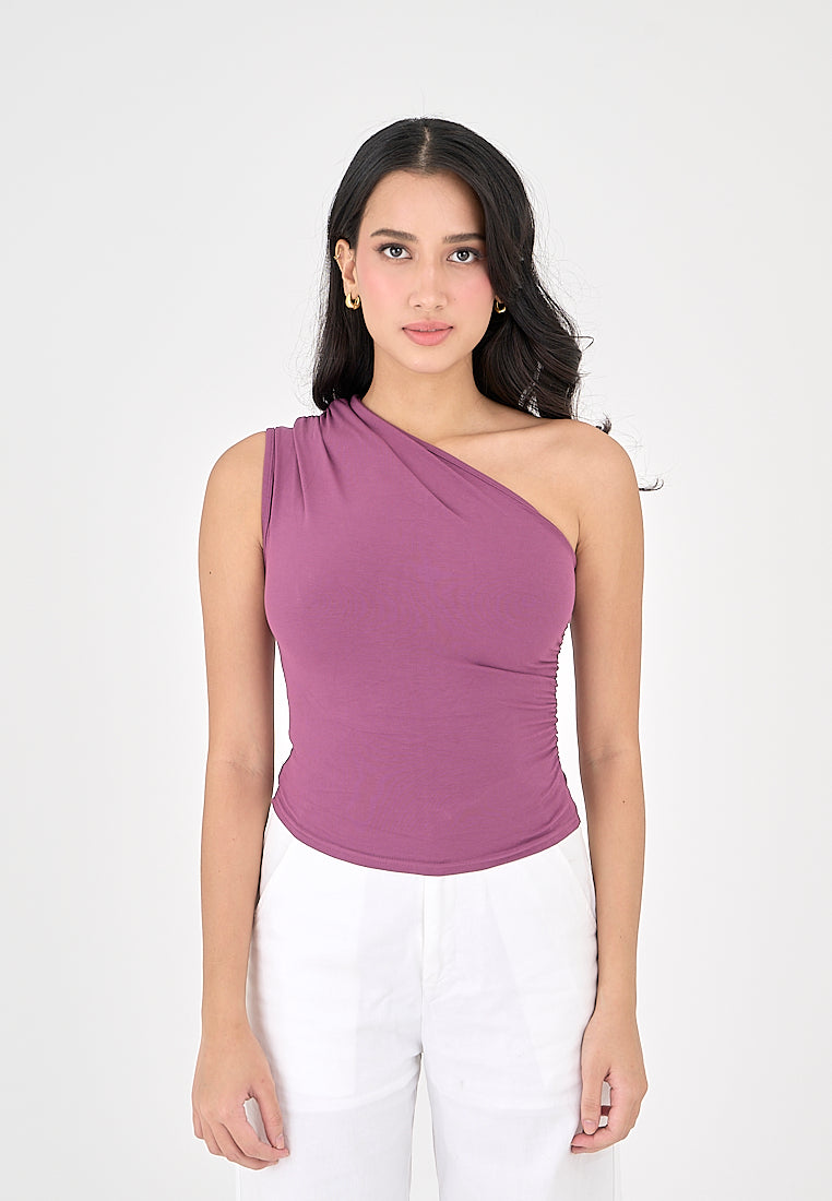 Henn Purple Asymmetric Neckline Ruch Sides Sleeveless Top