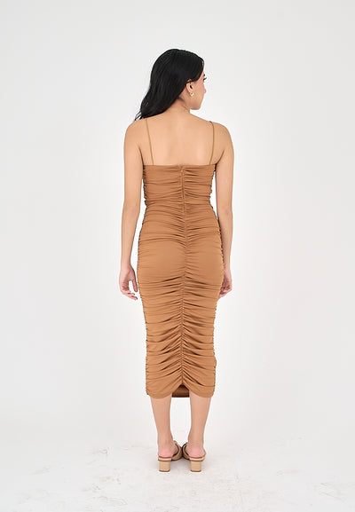 Della Brown Sleeveless Thin Strap Sexy Bodycon Midi Dress