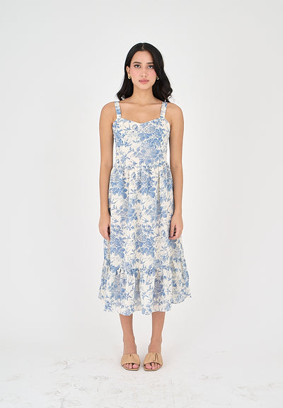 Asia Light Blue Floral All Over Print V Neckline Sleeveless Layer Midi Dress