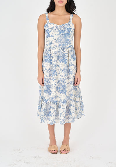 Asia Light Blue Floral All Over Print V Neckline Sleeveless Layer Midi Dress