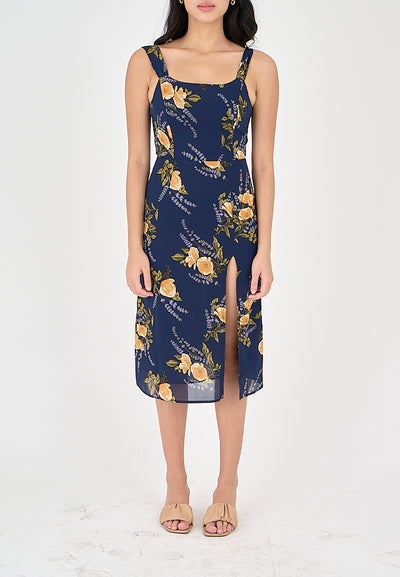 Seraphine Blue Floral Print Square Neck Side Slit Sleeveless Midi Dress