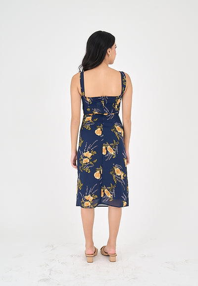 Seraphine Blue Floral Print Square Neck Side Slit Sleeveless Midi Dress