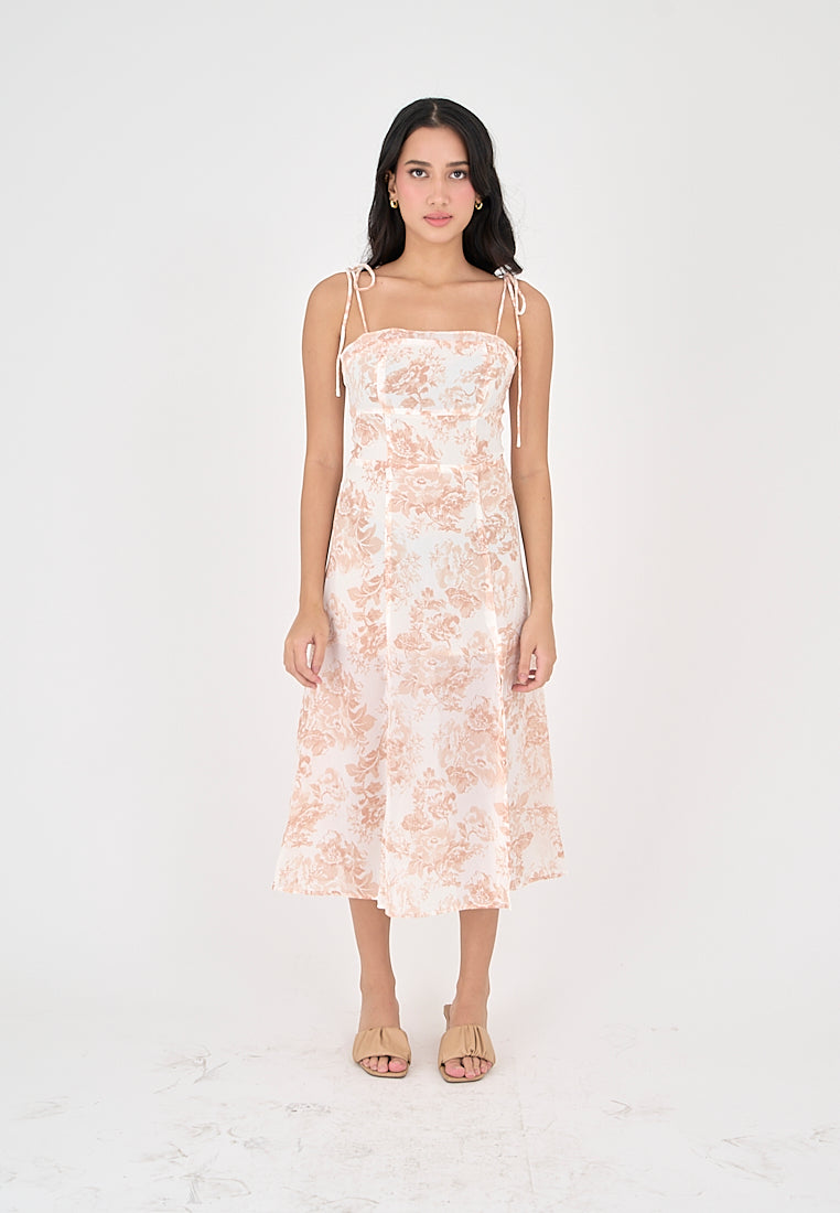 Aerielle Peach Floral Print Sleeveless Self Tie Strap Midi Dress