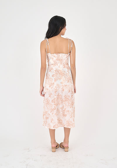 Aerielle Peach Floral Print Sleeveless Self Tie Strap Midi Dress