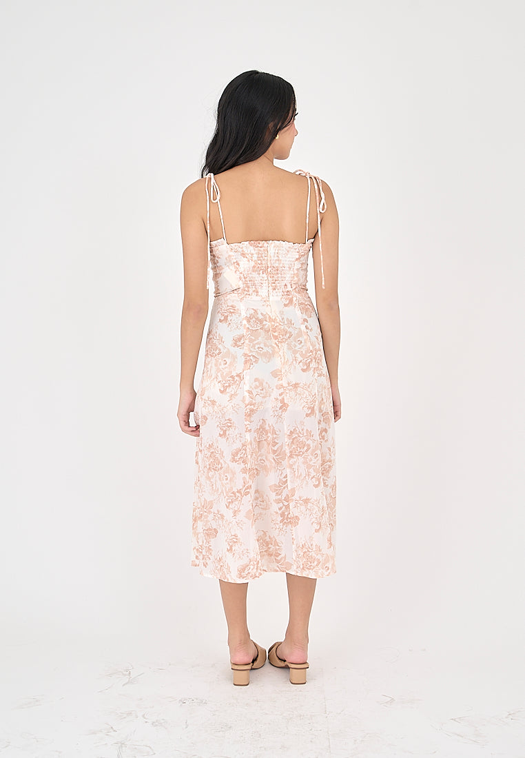 Aerielle Peach Floral Print Sleeveless Self Tie Strap Midi Dress