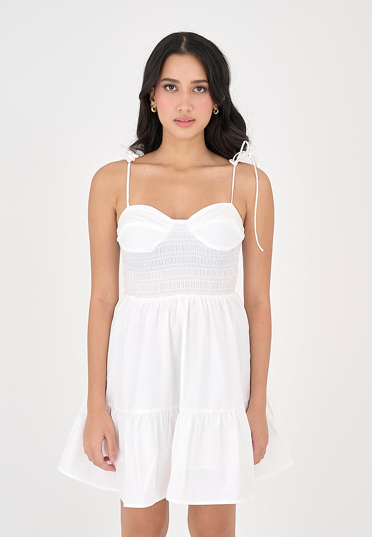 Kala White V Neck Sleeveless Self Tie Strap Smocked Tiered Mini Dress