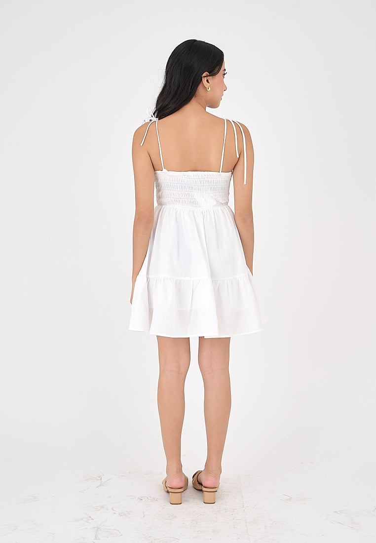 Kala White V Neck Sleeveless Self Tie Strap Smocked Tiered Mini Dress