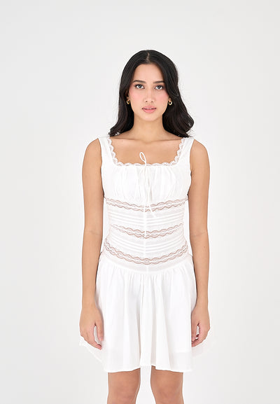 Kyomi White Lace Square Neckline Bow Bust Pleated Sleeveless Mini Dress