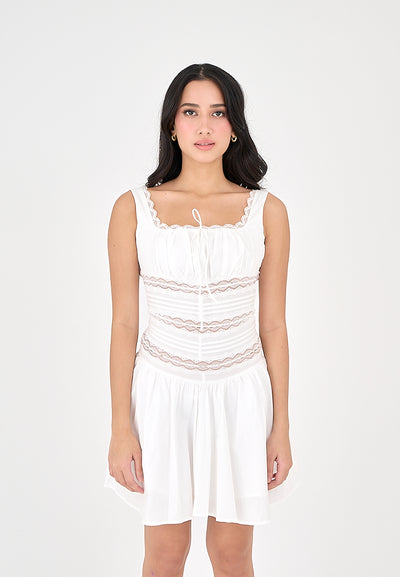 Kyomi White Lace Square Neckline Bow Bust Pleated Sleeveless Mini Dress