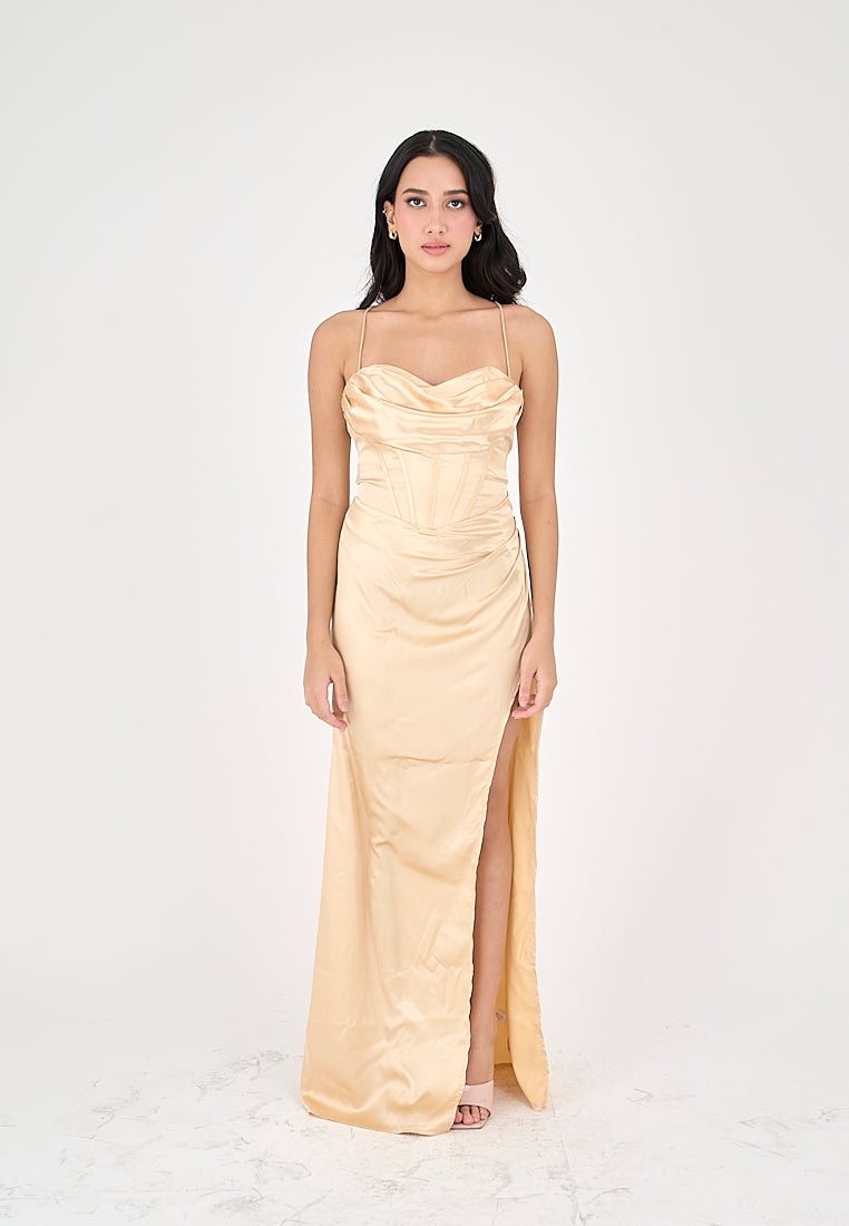 Rosie Cream Satin Corset Cowl Neckline with High Slit Maxi Dress