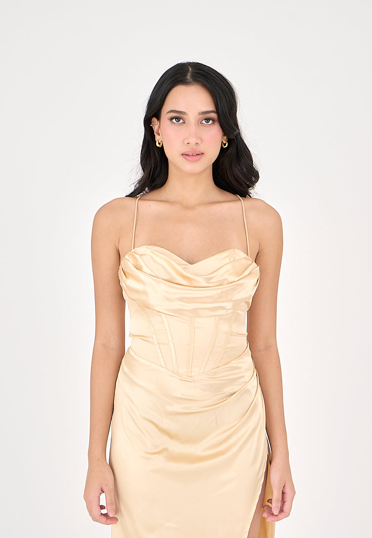 Rosie Cream Satin Corset Cowl Neckline with High Slit Maxi Dress