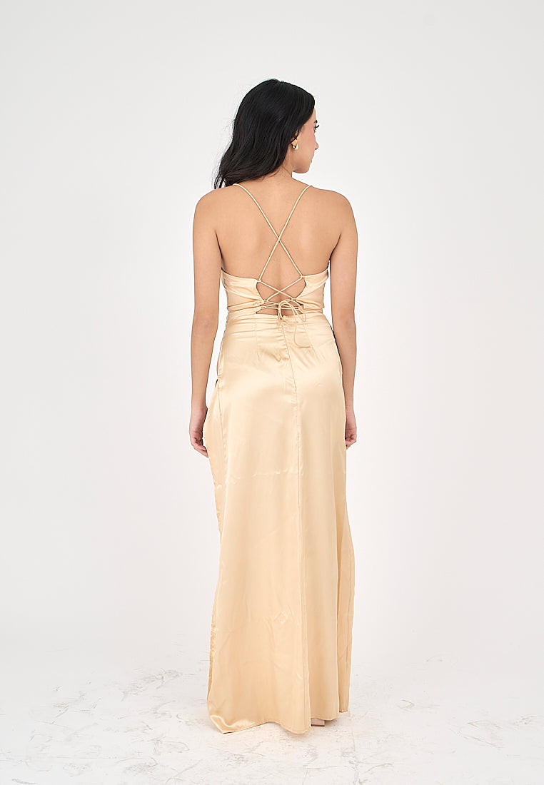 Rosie Cream Satin Corset Cowl Neckline with High Slit Maxi Dress