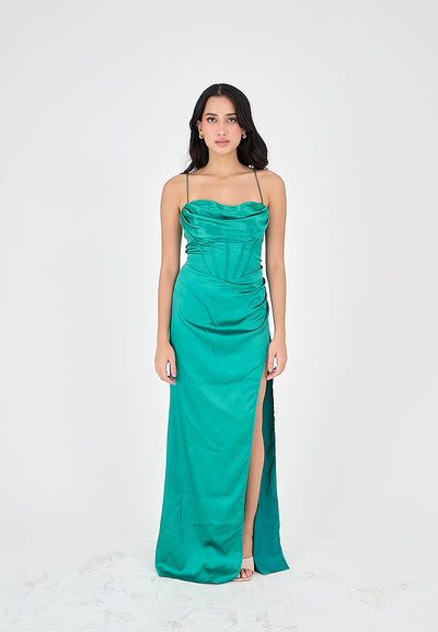 Rosie Turquoise Satin Corset Cowl Neckline with High Slit Maxi Dress