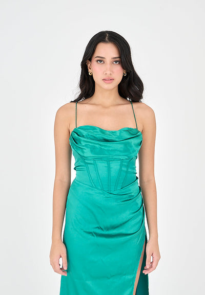 Rosie Turquoise Satin Corset Cowl Neckline with High Slit Maxi Dress