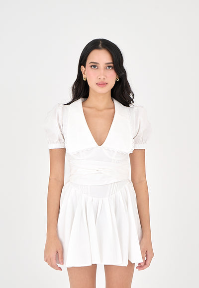 Ellisa White Collared Lace V Neck Bow Back Pleated Short Sleeves Mini Dress