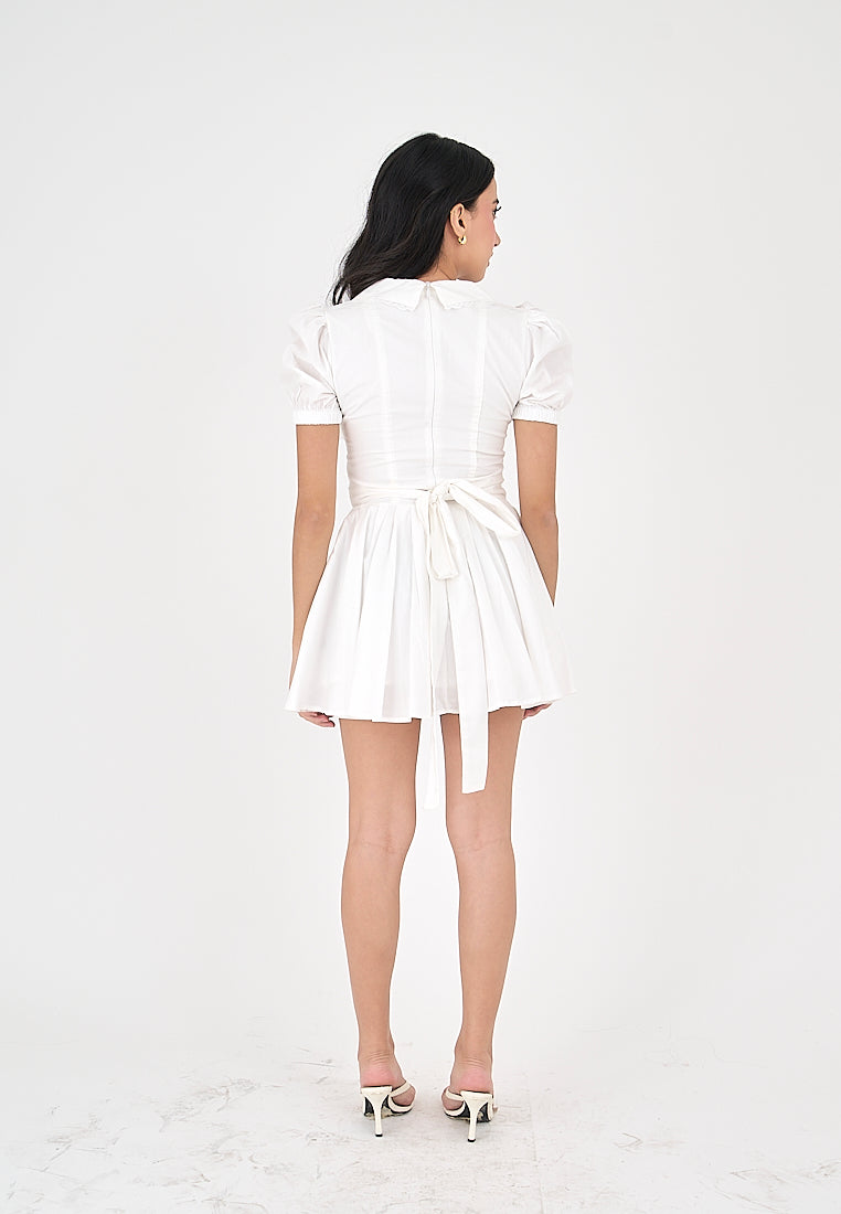 Ellisa White Collared Lace V Neck Bow Back Pleated Short Sleeves Mini Dress